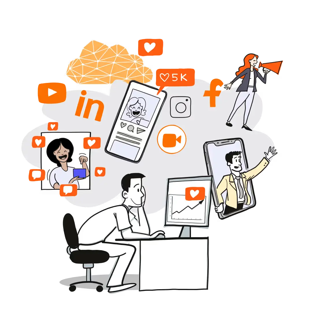 Illustration of a person at a desk surrounded by social media icons, posts, and notifications, depicting social media engagement and interaction.