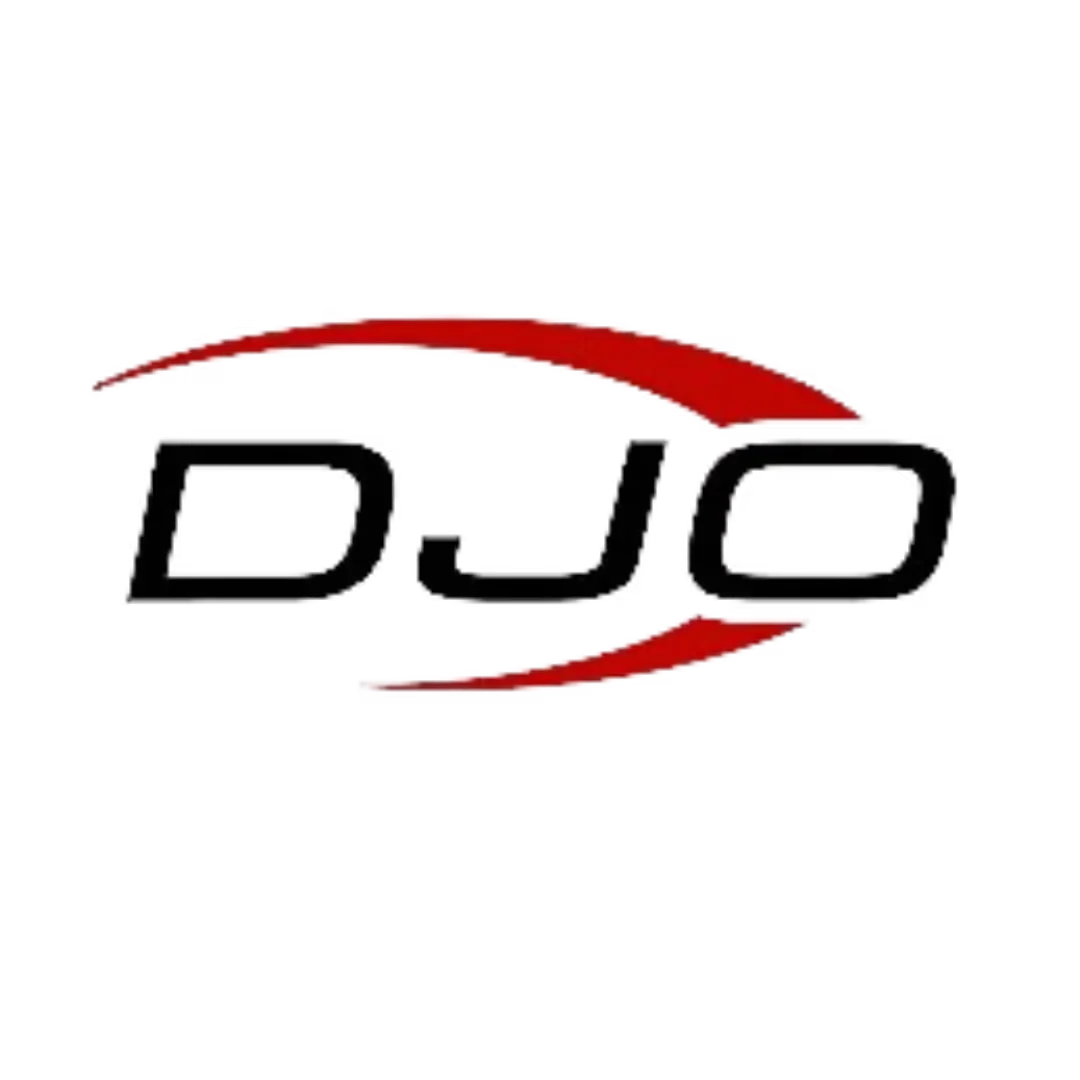 Logo of DJO featuring bold black letters and a red swoosh above and below.